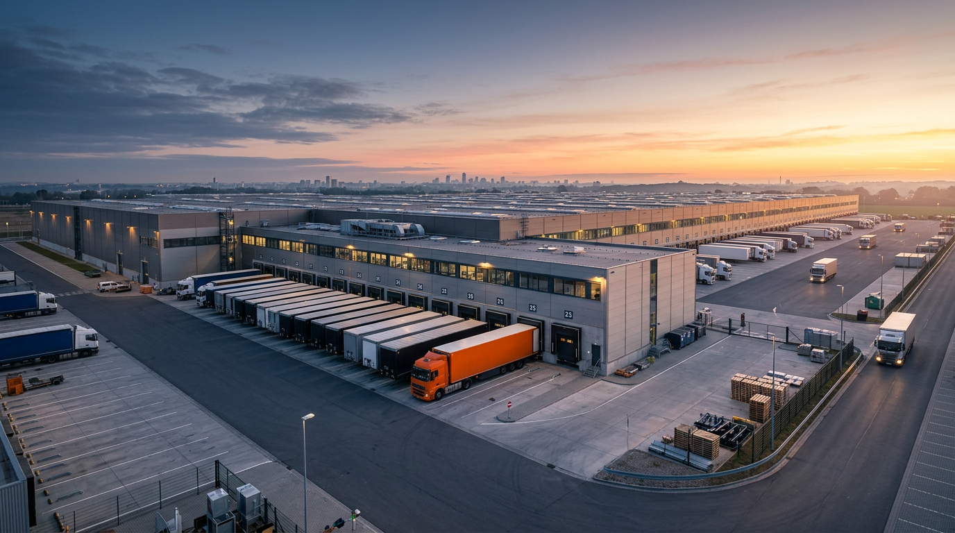 Modern distribution center warehouse at dawn
